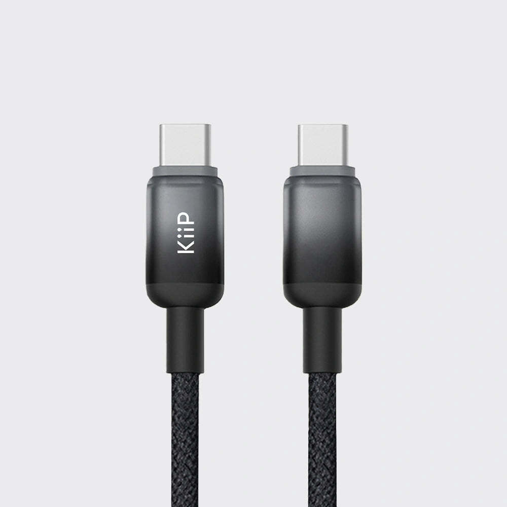 Black charging cable with USB-C connectors on a light gray background