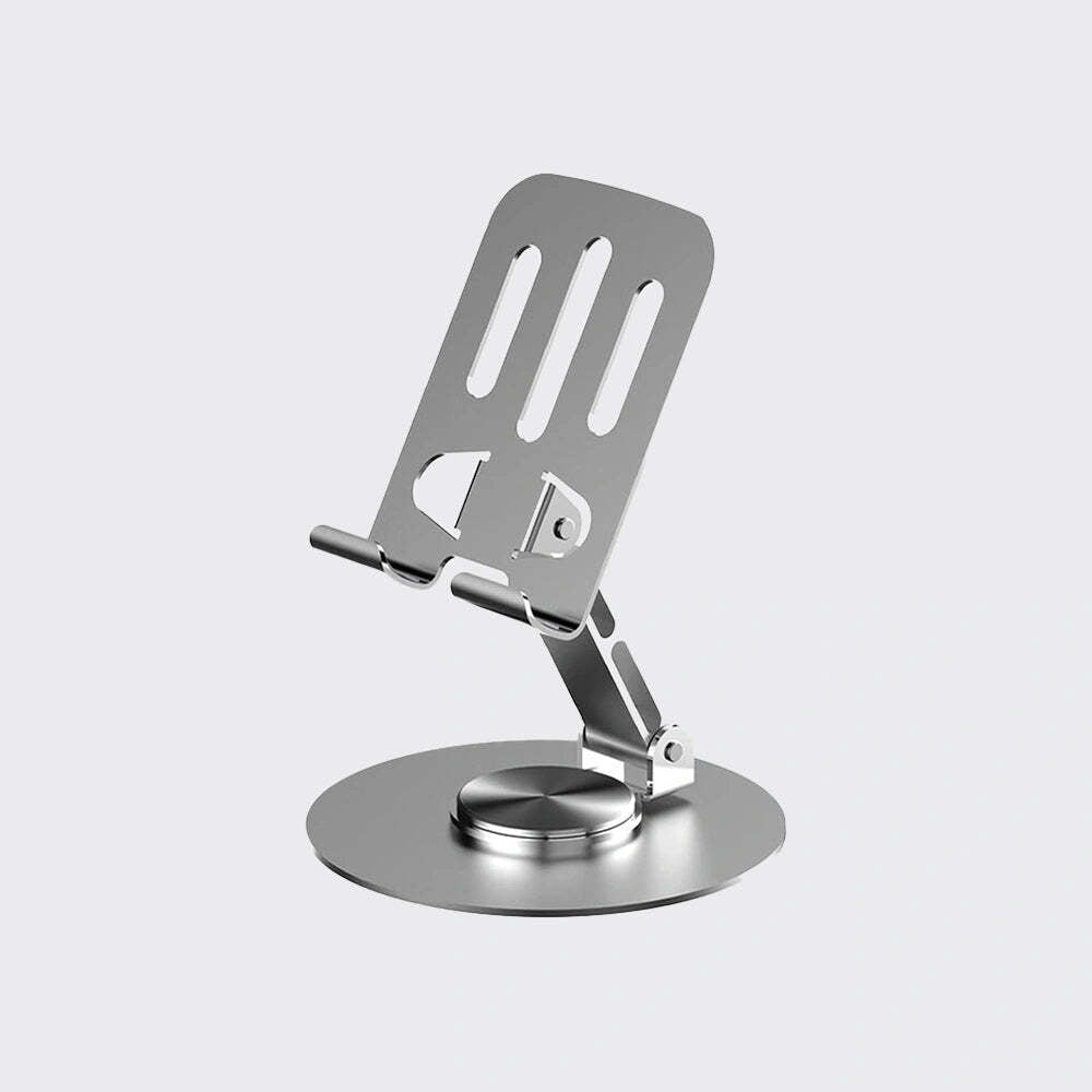 A minimalist silver metal stand with a circular base and adjustable articulated arm, shown on a light gray background.