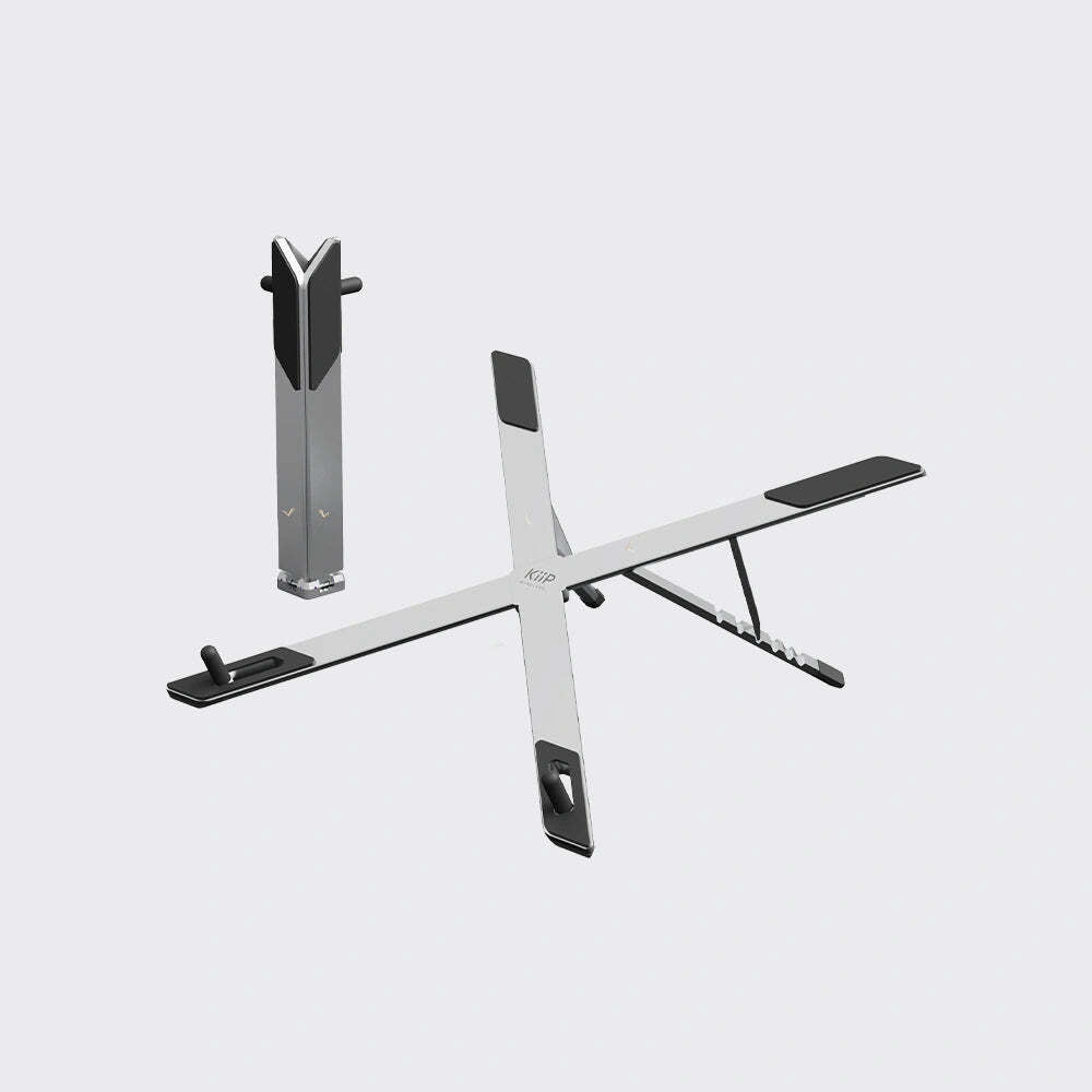 A minimalist metal laptop stand with a silver aluminum body and black accents, shown in both its open and closed configurations against a light gray background.
