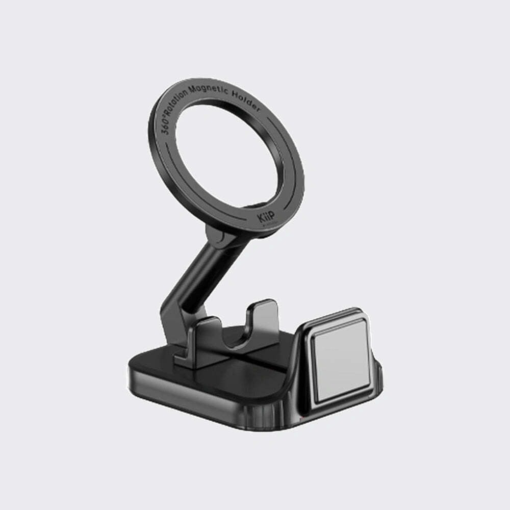 Black magnetic phone holder with ring stand on a light gray background
