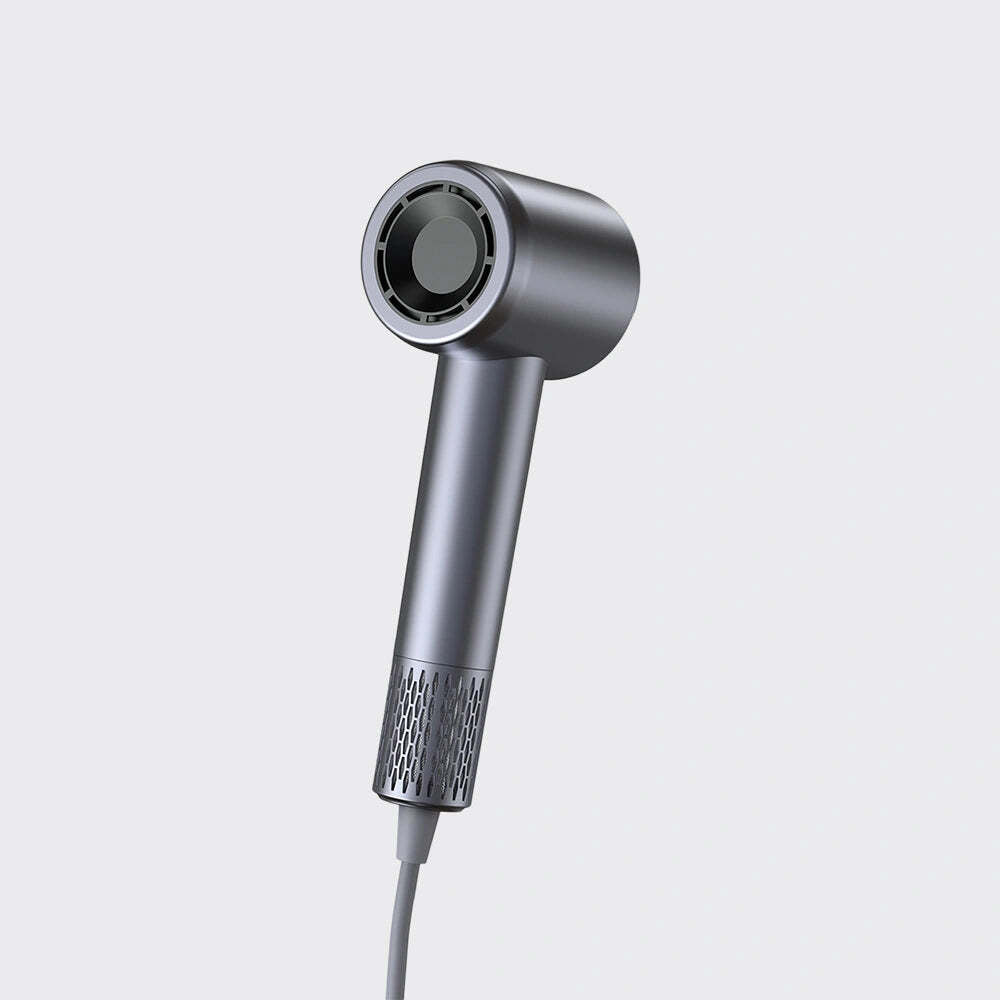 A sleek, metallic gray hair dryer with a cylindrical body and a circular nozzle, shown against a solid light gray background.