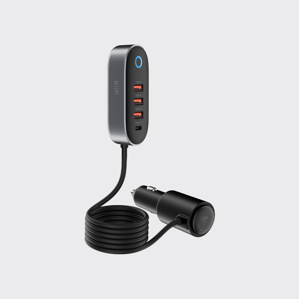 A black and dark gray multi-port USB charger with a coiled cable and a car cigarette lighter plug, shown on a light gray background.