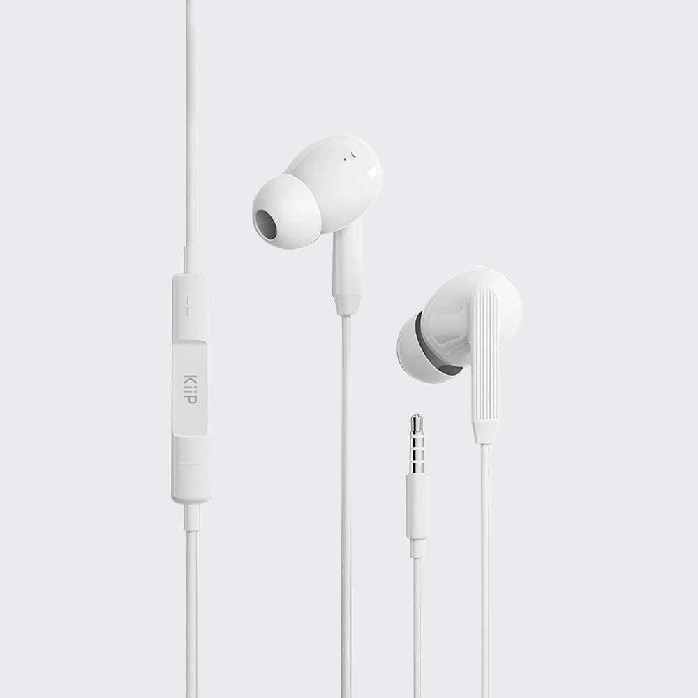 White in-ear earphones with a white wired inline remote control and a 3.5mm audio jack, shown against a light gray background.