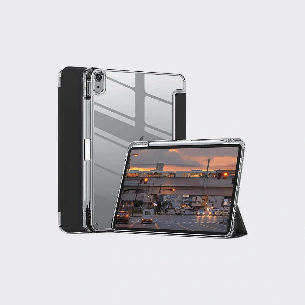Clear tablet case with reflective surface showing cityscape