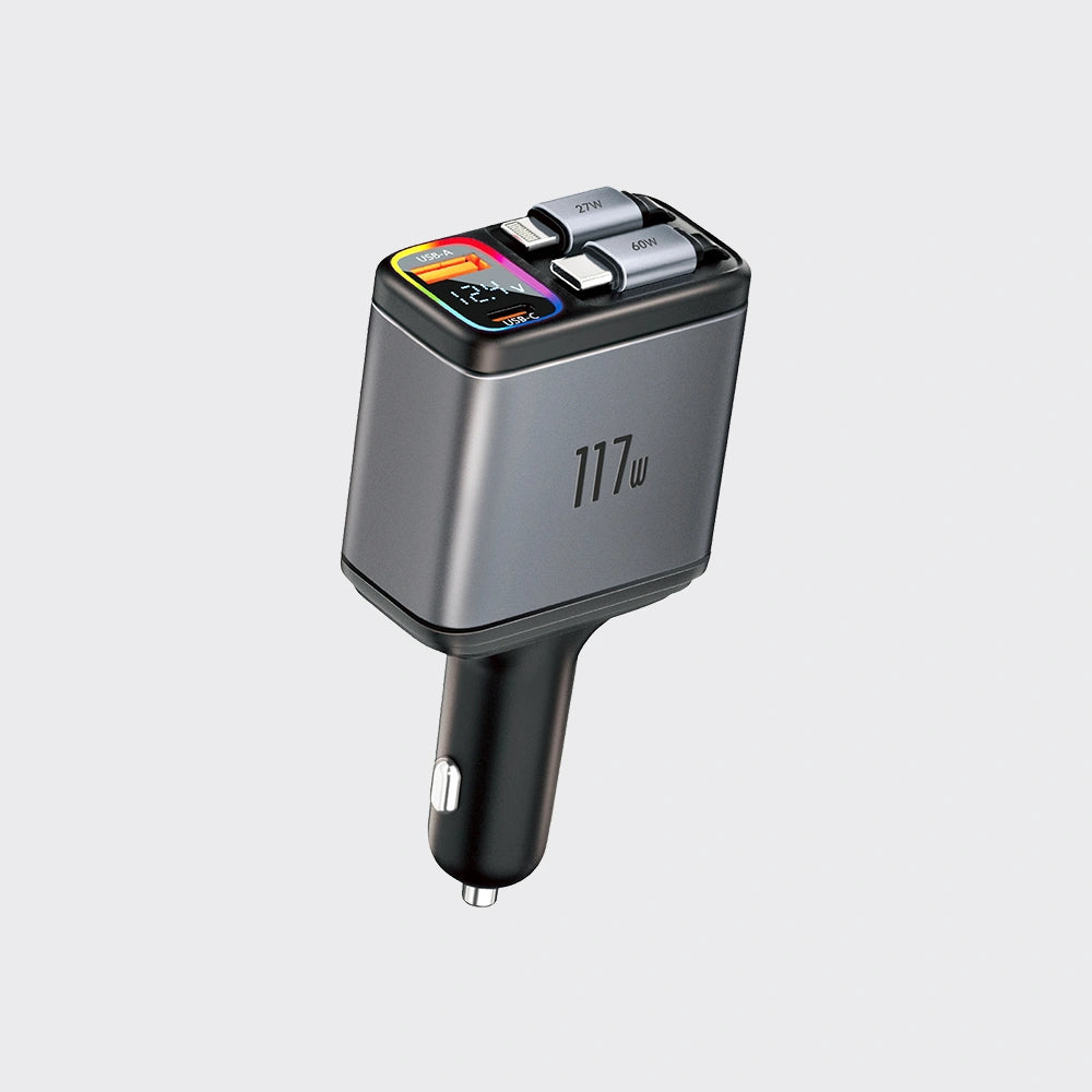 KiiP SC18 Car Charger 4 in 1 Super Fast Charging PD 117W Charger Mobil Built-in Rectractable Cable Type-C+Lightning