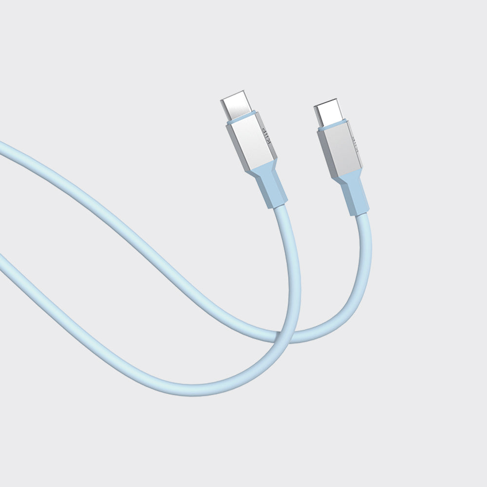 A light blue USB-C to USB-C cable shown against a solid light gray background.