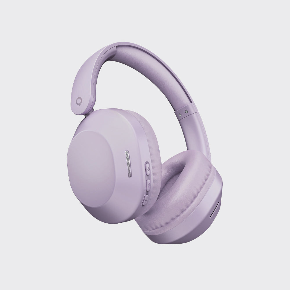 Light purple wireless over-ear headphones with a padded headband and ear cups, shown from a three-quarters angle on a light gray background.