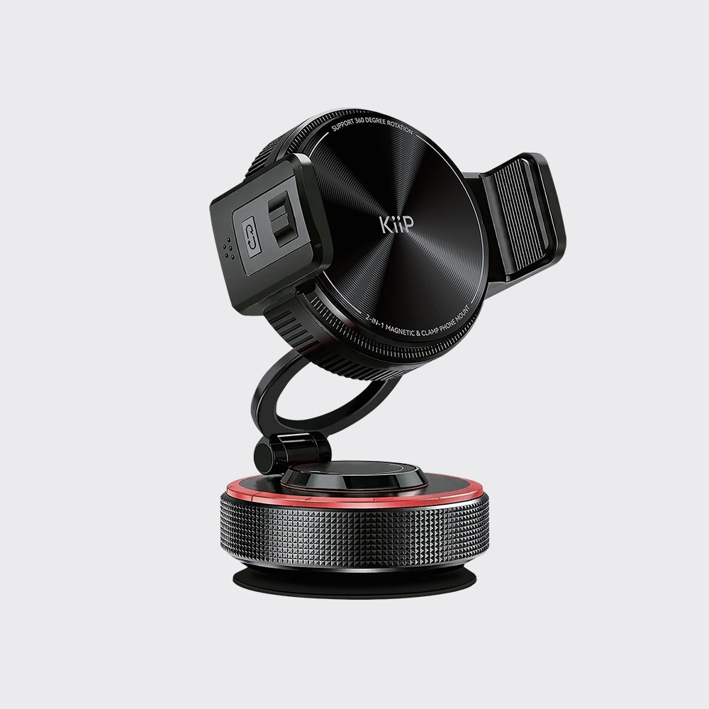 A black circular wireless car charger with a mounting bracket and textured base, featuring the brand name 'Kiip' on the top plate, set against a light gray background.