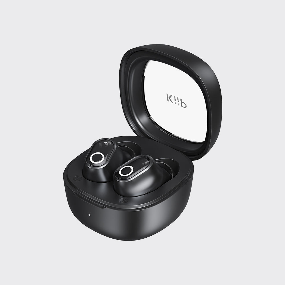 Black true wireless earbuds in an open charging case, shown on a light gray background. The brand name 'Kkbb' is visible on the inside of the lid.