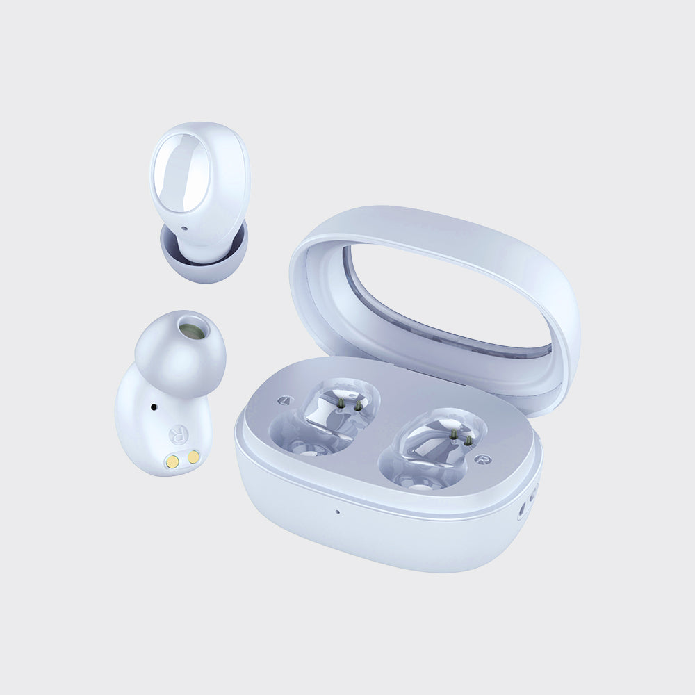 A pair of white wireless earbuds with an open matching charging case on a light gray background.