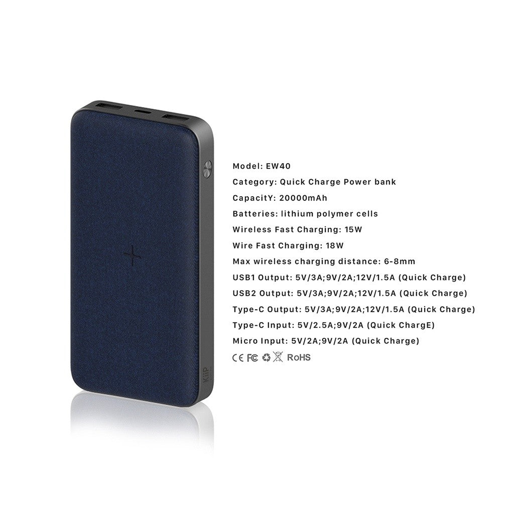 Kiip Wireless EW40 Power Bank 15W Fast Charging PD&QC 3.0 20W 20000mAh