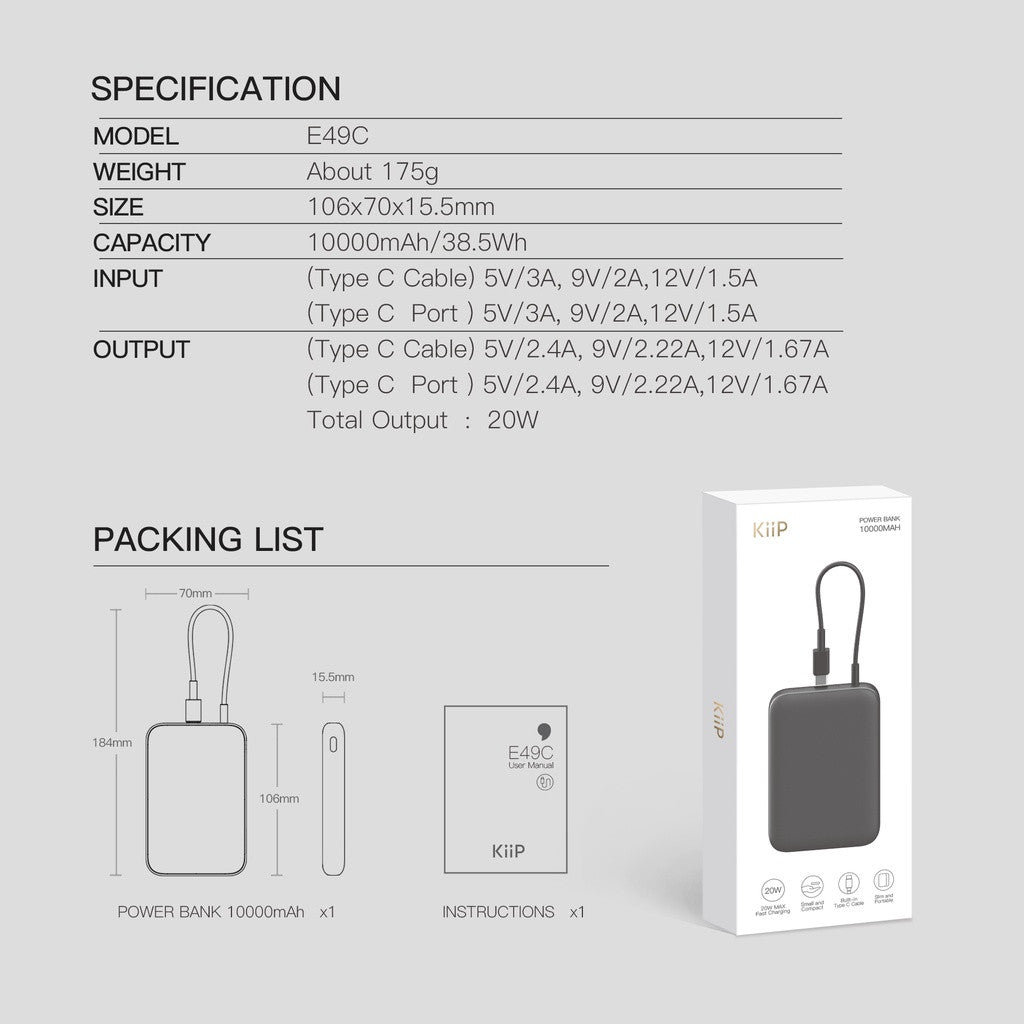 KiiP E49C Power Bank Fast Charging 20W Quick Charge Type C PD
