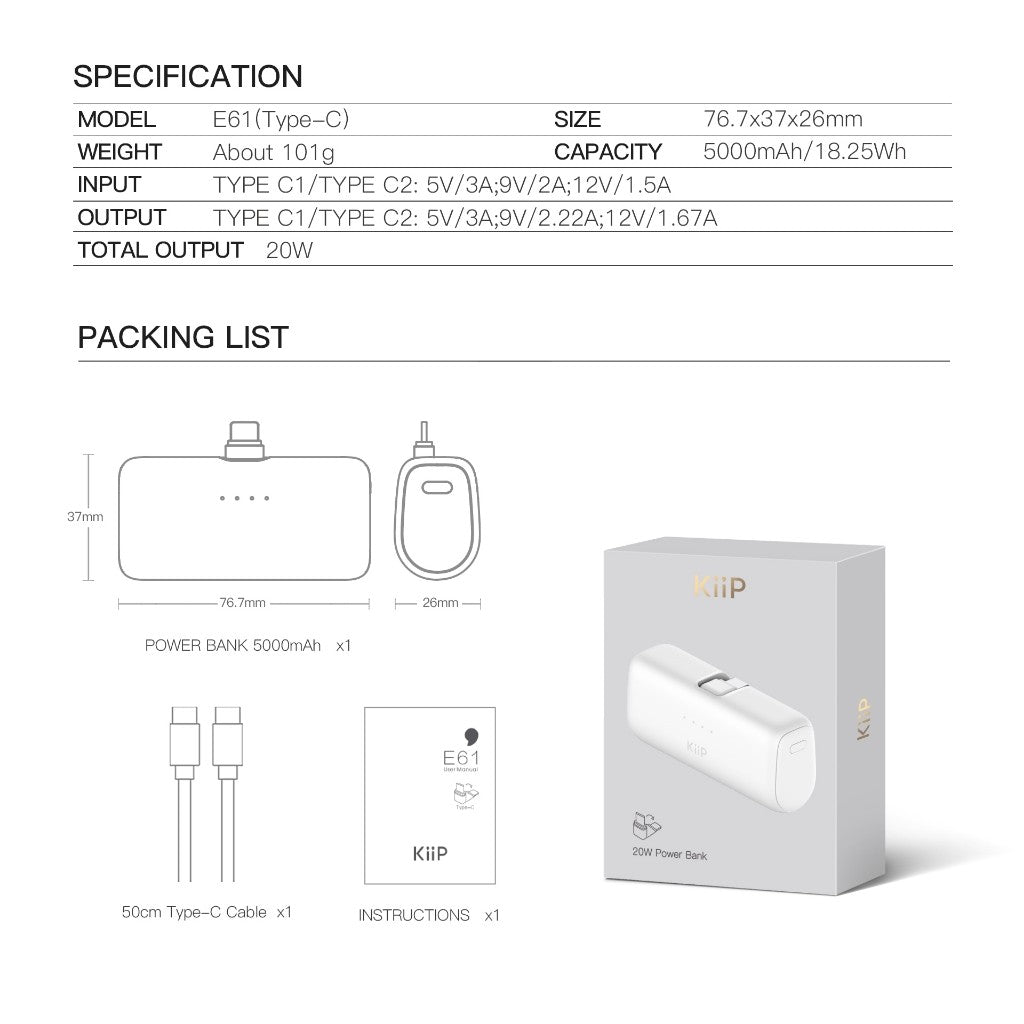 KiiP E61 Mini Power Bank Fast Charging PD 20W Type-C Lightning 5000mAh