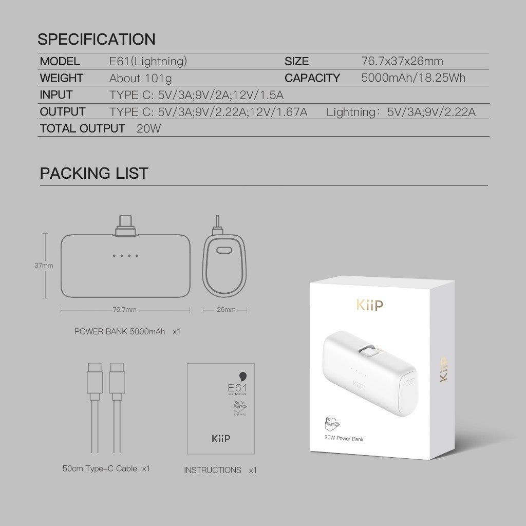 KiiP E61 Mini Power Bank Fast Charging PD 20W Type-C Lightning 5000mAh