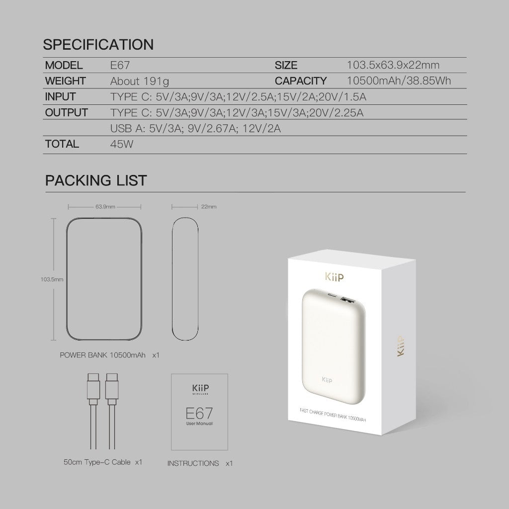 KiiP E67 Power Bank Fast Charging 45W Type C PD 10500mAh