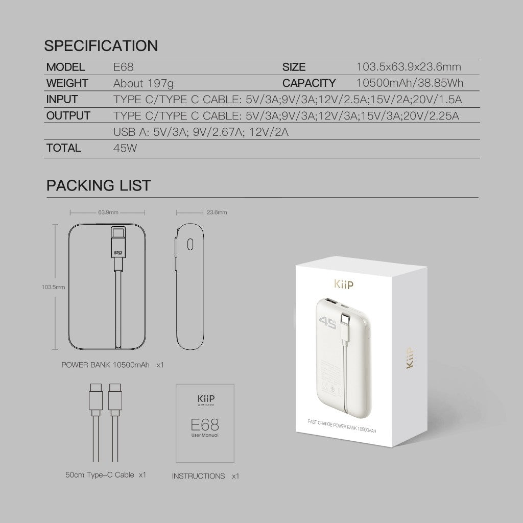 KiiP E68 Power Bank Fast Charging 45W Quick Charge Type C PD 10500mAh