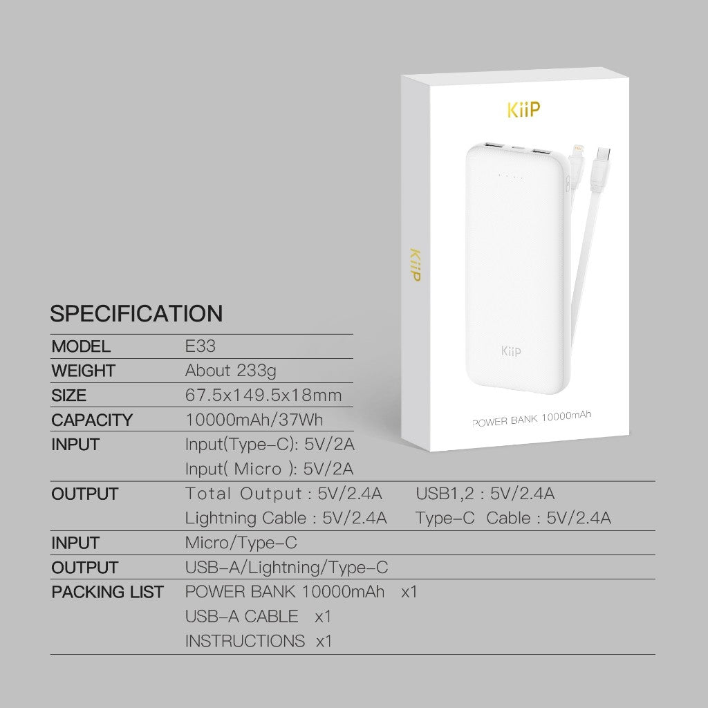 KiiP E33C Power Bank Slim 10000mAh Dual Input Type-C Micro USB Port