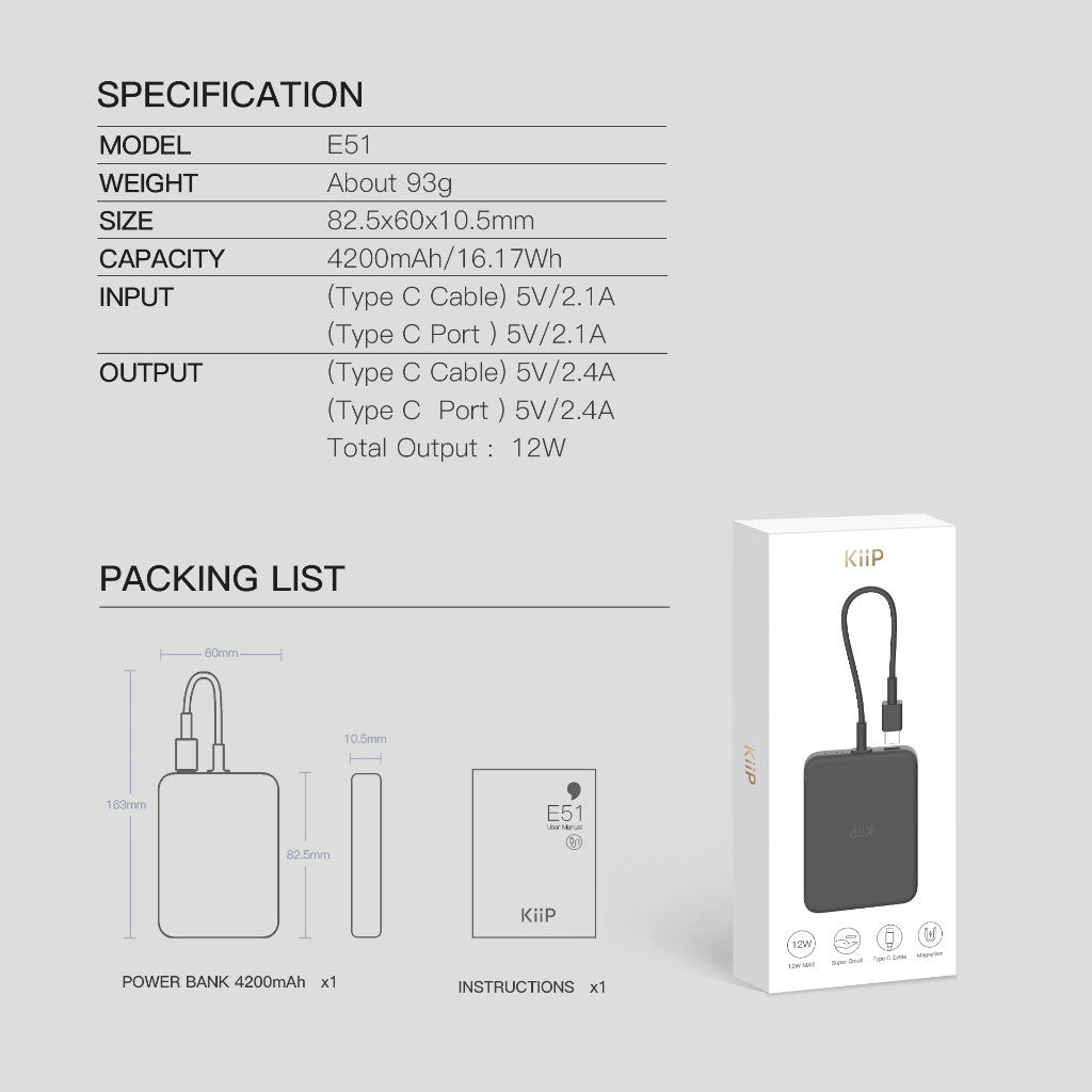KiiP E51 Magnetic Power Bank Type-C Cable 4200mAh