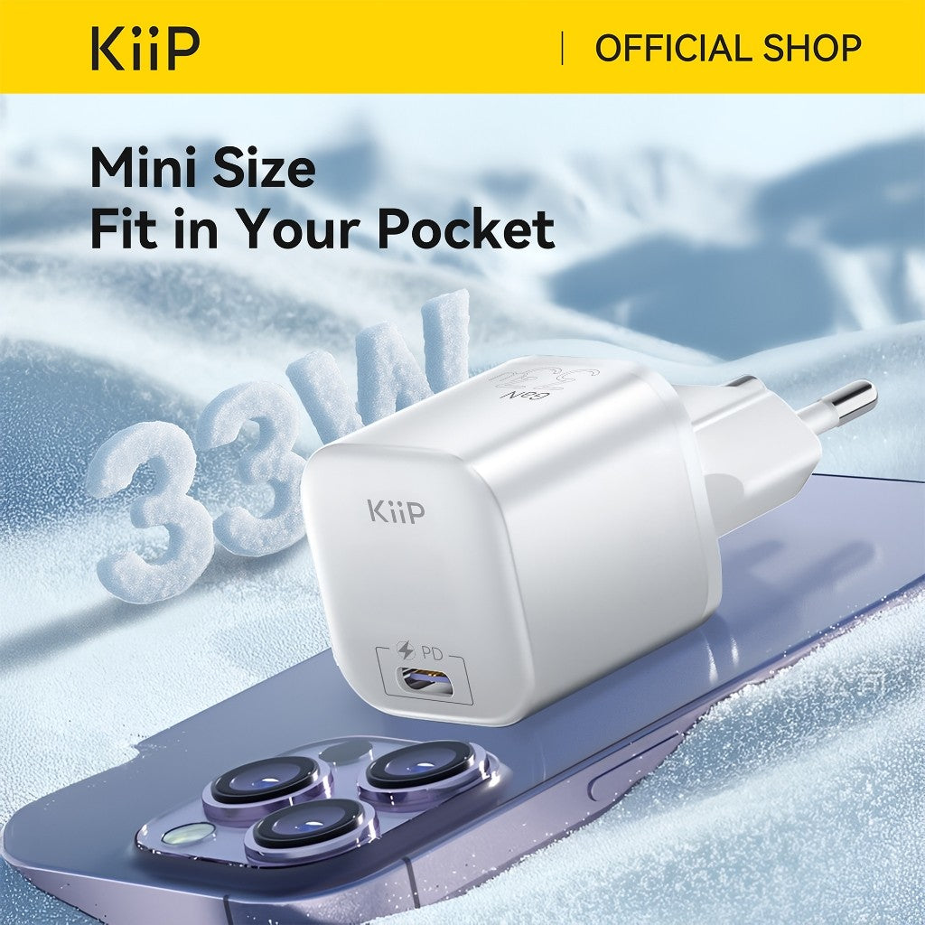 KiiP Wireless Kepala Charger 33W GaN Fast Charger Travel Adaptor Type C PD QC