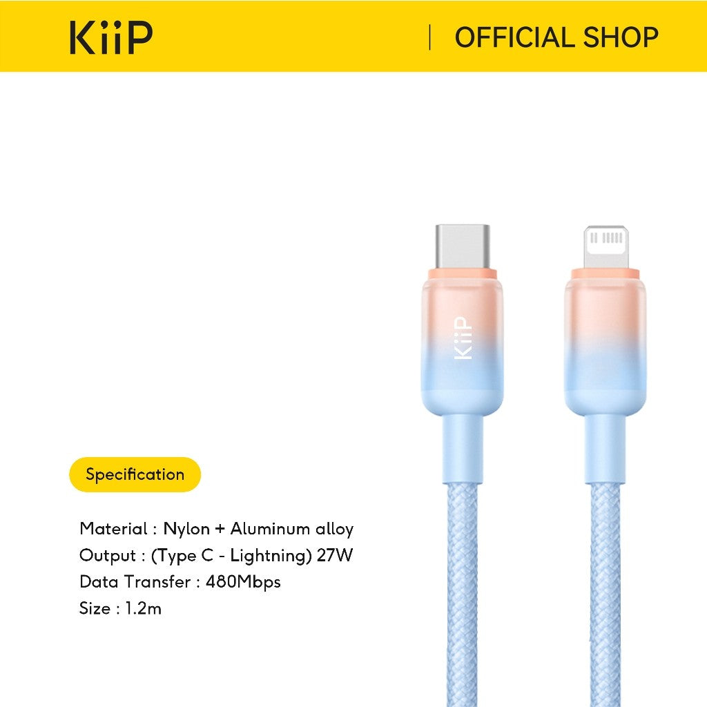 KiiP Kabel Charger Fast Charging C To C/C To Lightning Up To 100W PD 27W Kabel Data Type C Lightning Gradient Series 1.2M