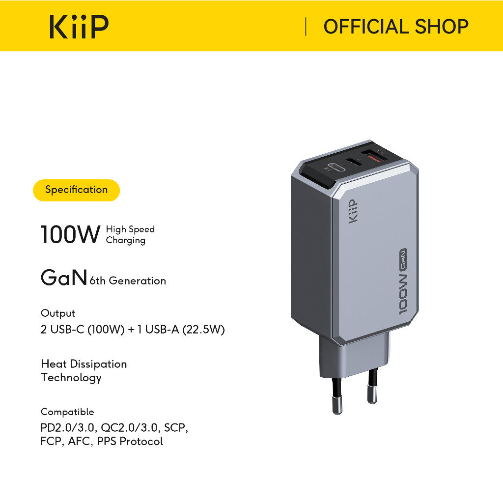 KiiP C101E Adaptor GaN6 Fast Charging 100W Kepala Charger Quick Charging Travel Adapter