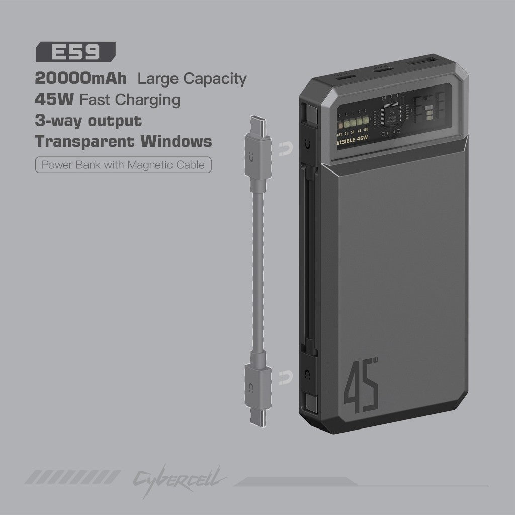 KiiP E59 Power Bank Magnetic Cable 45W Fast Charging TC PD Lightning 20000MAH