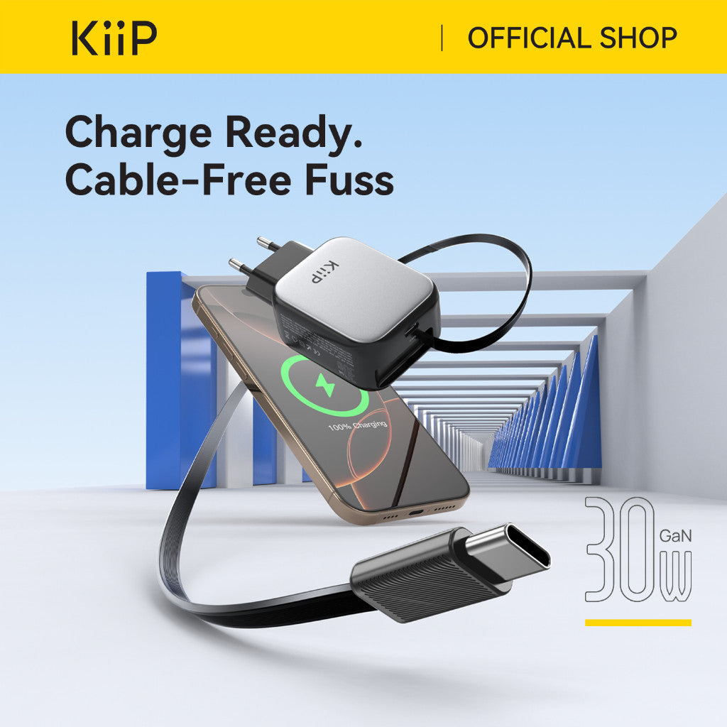 KiiP C30T Kepala Charger GaN PD Fast Charging 30W Retractable Built In Cable Type C