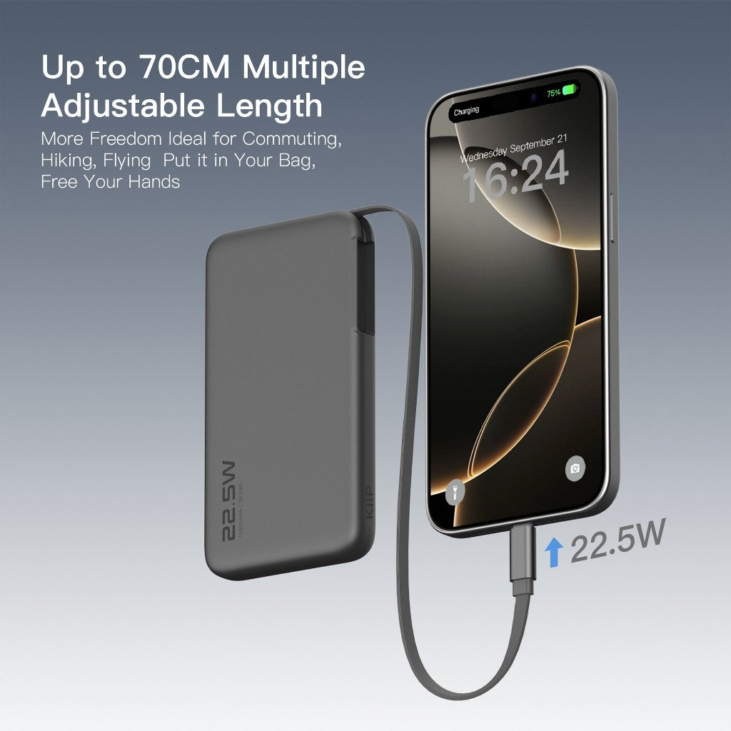 KiiP E60 Powerbank Retractable Cable 22.5W 10000mah Fast Charging Power Bank  Type-C