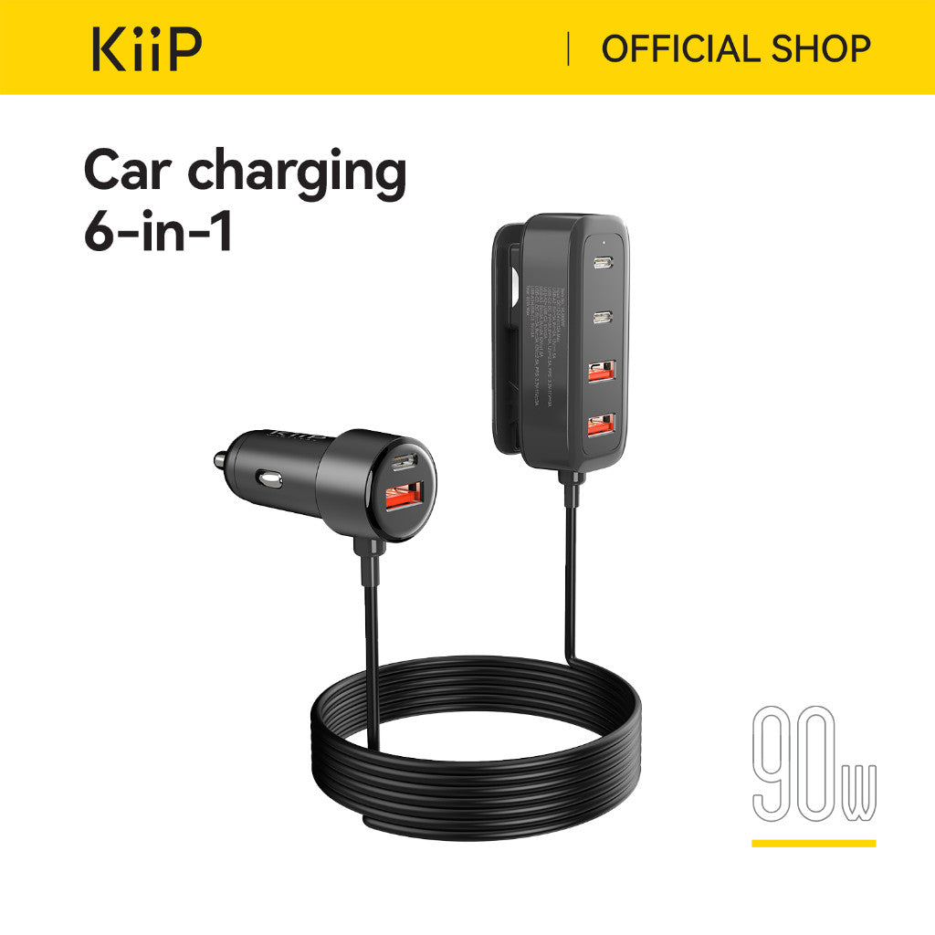 KiiP HUB90W Car Charger Mobil 90W Ultra Fast Charging 6 Ports Type-C USB Adapter PD QC