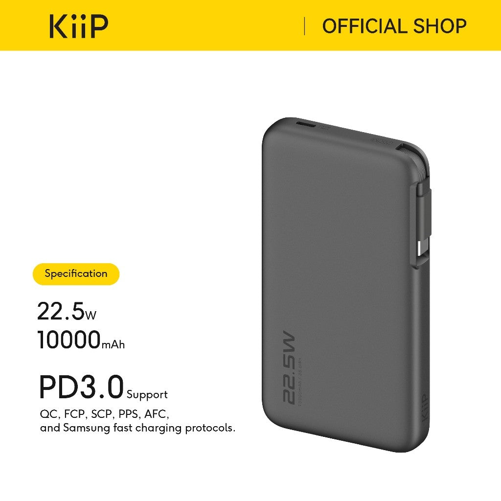 KiiP E60 Powerbank Retractable Cable 22.5W 10000mah Fast Charging Power Bank  Type-C