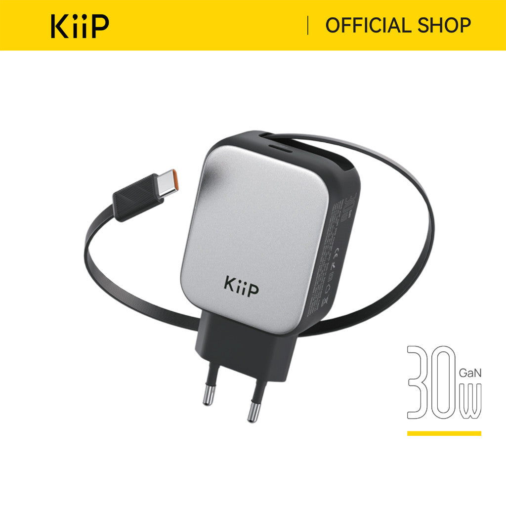 KiiP C30T Kepala Charger GaN PD Fast Charging 30W Retractable Built In Cable Type C