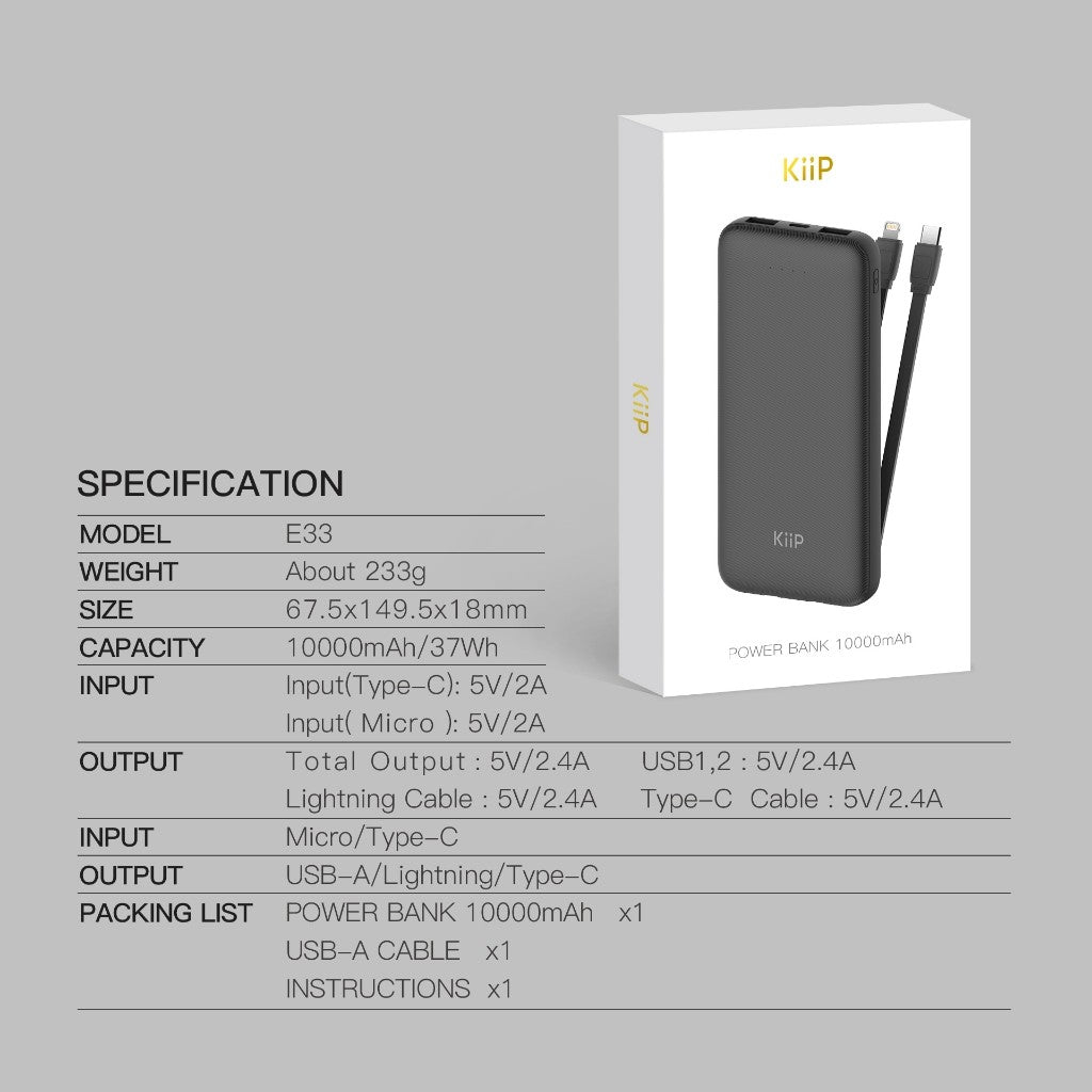 [Promo SPL] KiiP E33C Power Bank Slim 10000mAh Dual Input Type-C Micro USB Port