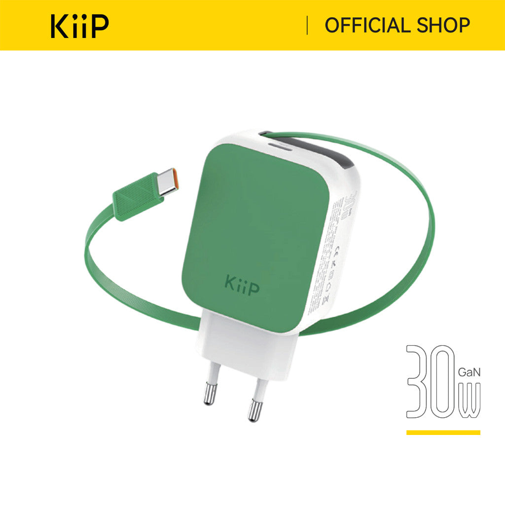 KiiP C30T Kepala Charger GaN PD Fast Charging 30W Retractable Built In Cable Type C