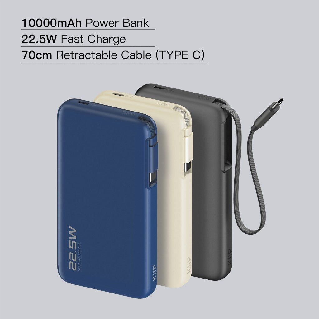 KiiP E60 Powerbank Retractable Cable 22.5W 10000mah Fast Charging Power Bank  Type-C