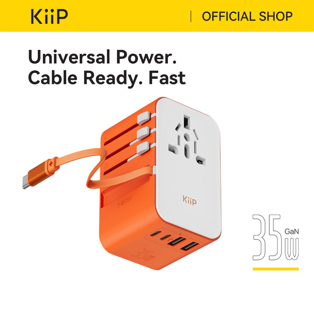 KiiP C28T Travel Adaptor Universal GaN 35W Adapter Charger Built in Cable