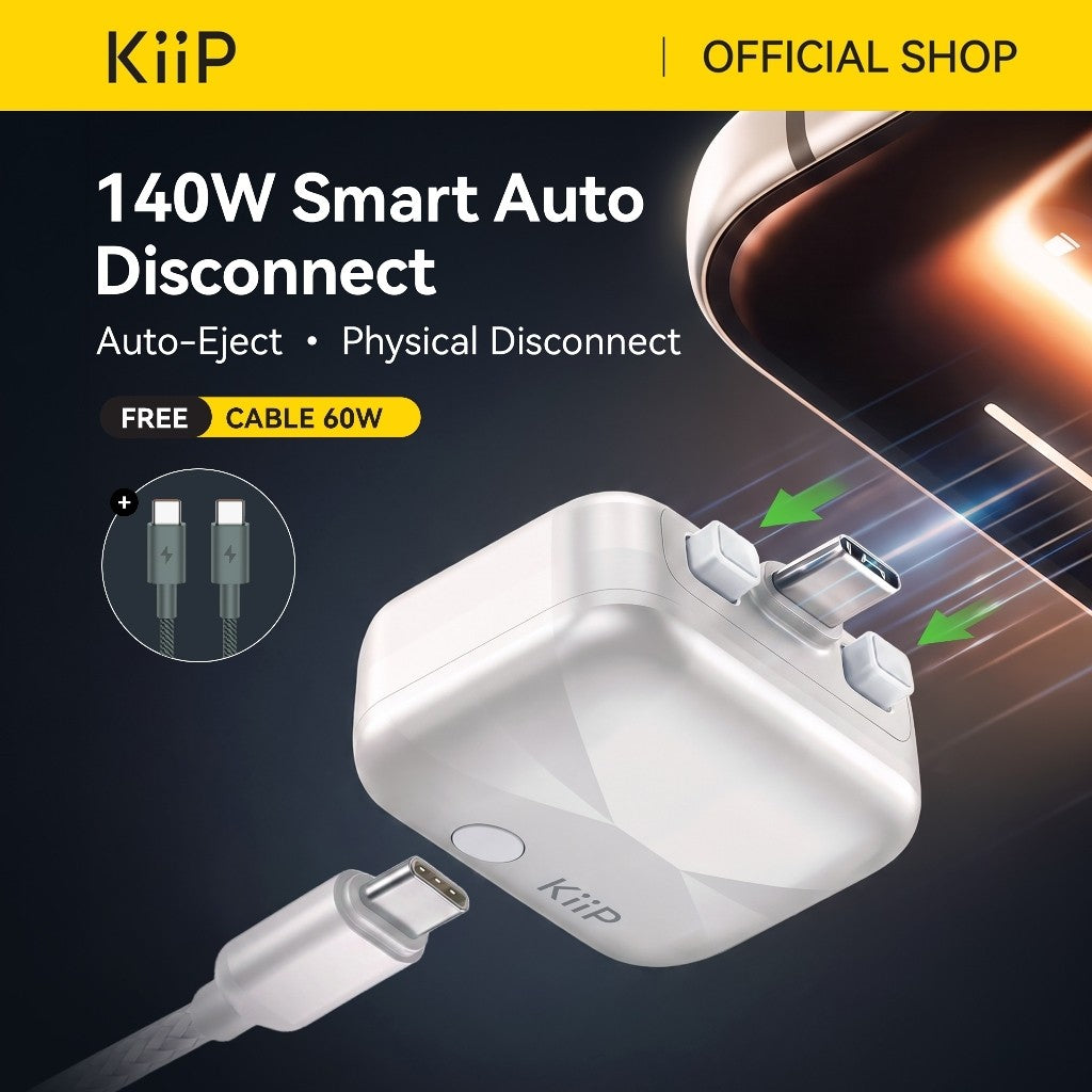 KiiP Smart Auto-Disconnect Adapter 140W Type-C Auto Power Off-Eject Adapter Charging Safe Pelindung Baterai Auto Pop-up