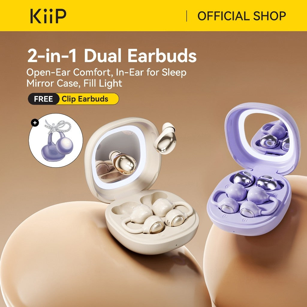 KiiP Airnora 2 In 1 Open Air and In Ear TWS Earphone Earclip Built in Mirror Sleep Earbuds Bluetooth 6.0