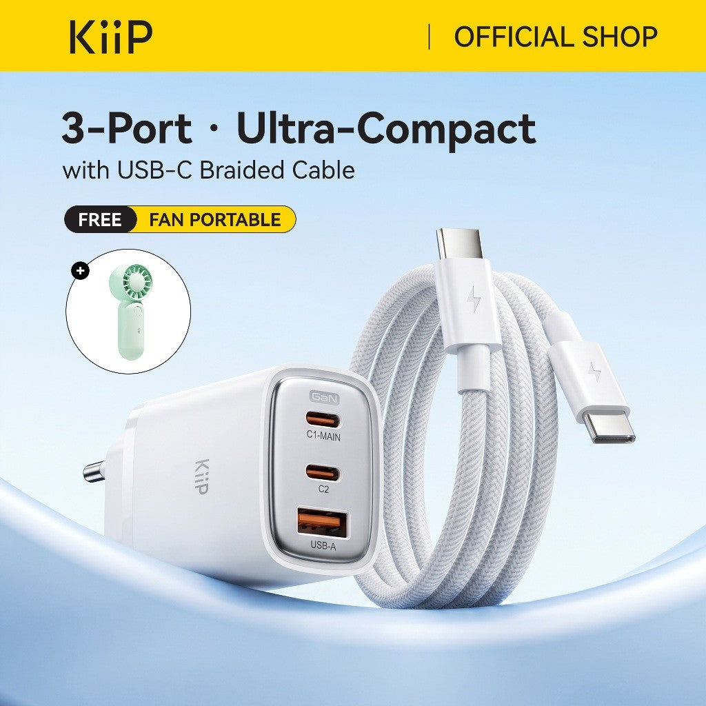 KiiP Mini Wall Charger GaN 65W Fast Charging PD QC 3.0 With Cable