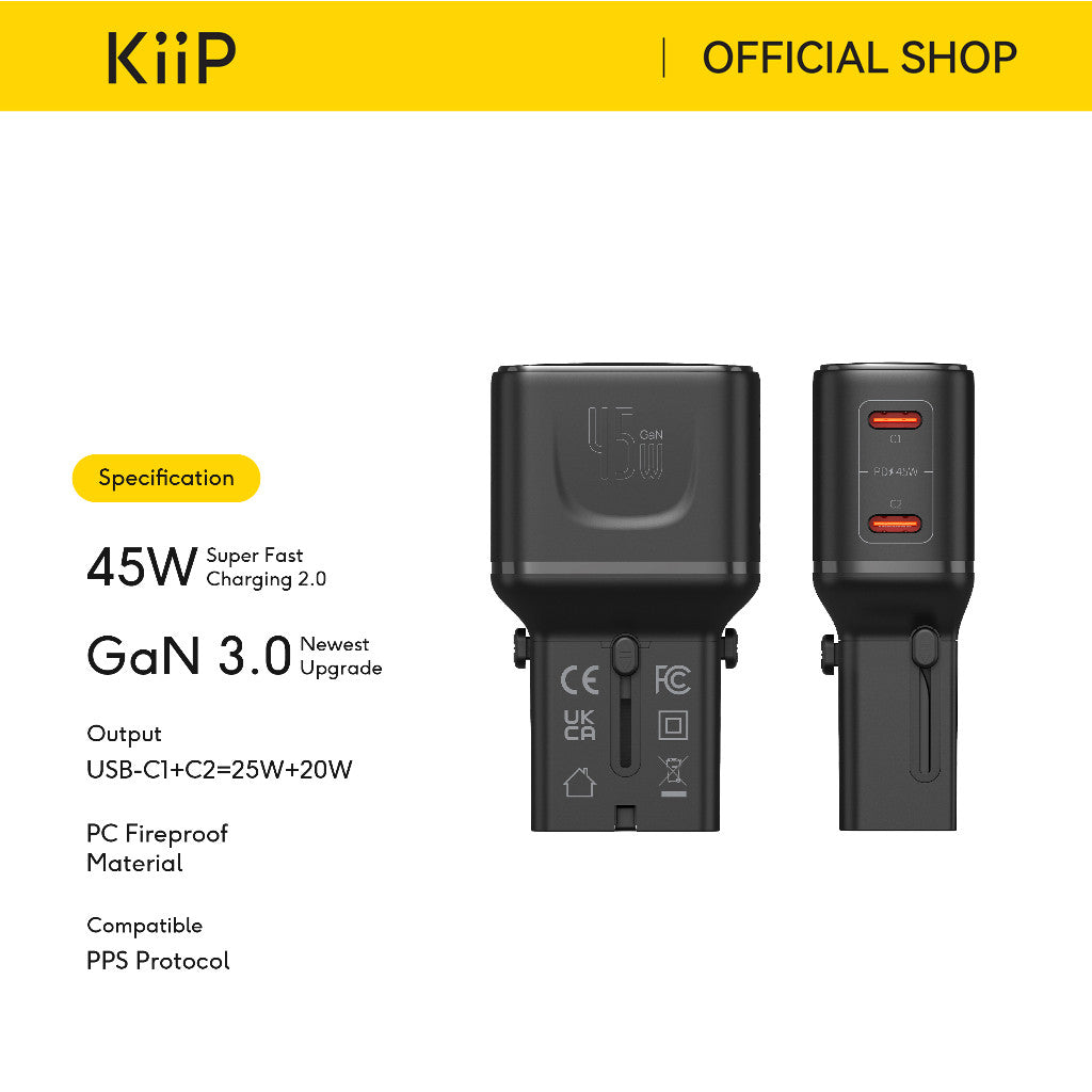 KiiP C23T Universal Travel Adaptor Charger Mini Fast Charging 30W GaN Portable Travel