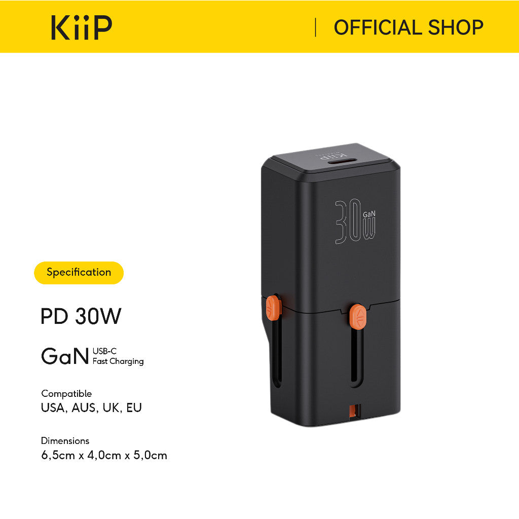 KiiP C23T Universal Travel Adaptor Charger Mini Fast Charging 30W GaN Portable Travel