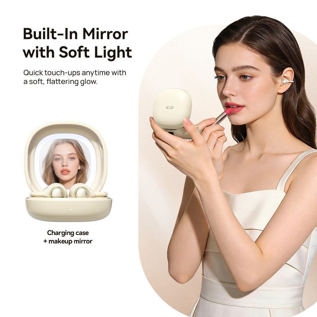 KiiP Airnora 2 In 1 Open Air and In Ear TWS Earphone Earclip Built in Mirror Sleep Earbuds Bluetooth 6.0