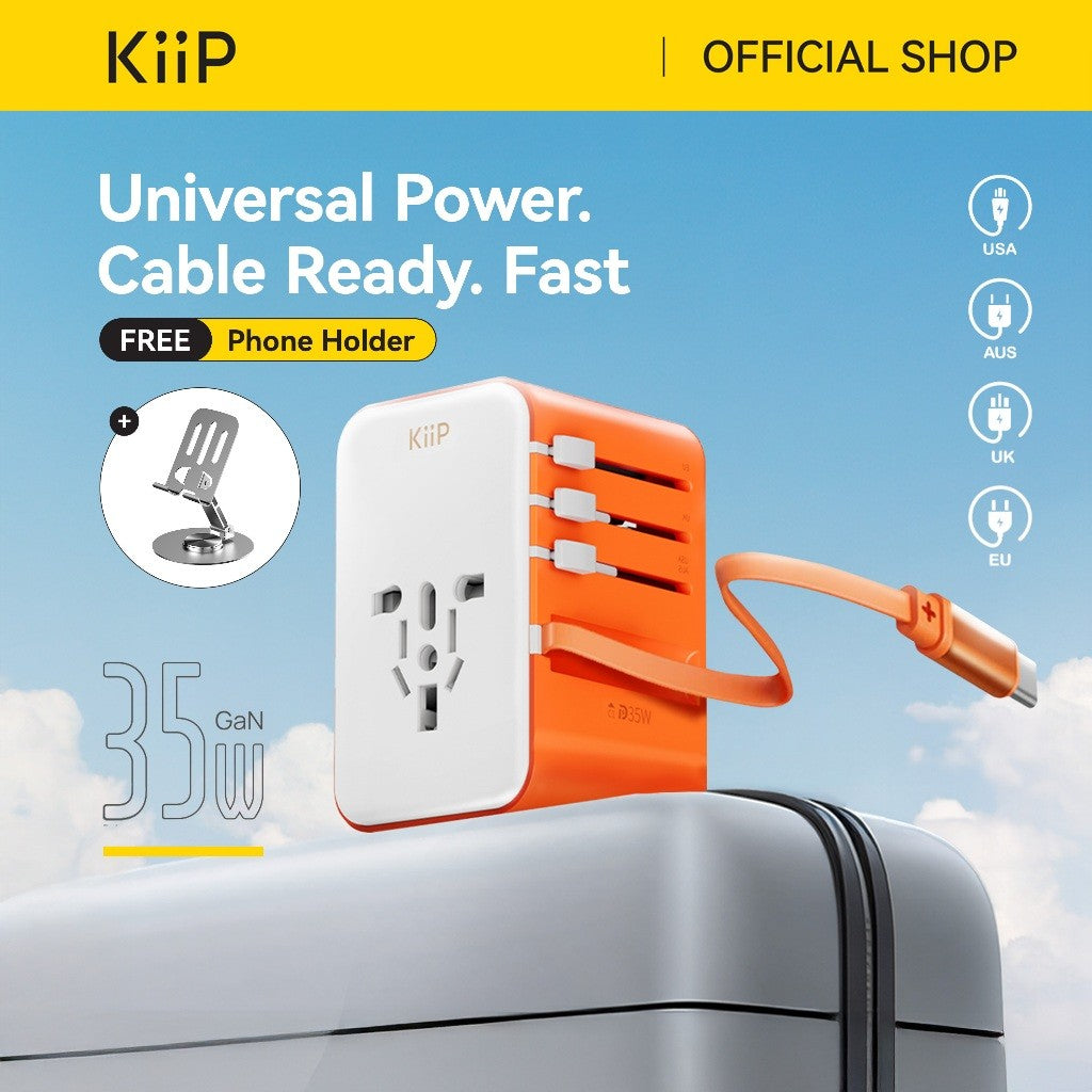 KiiP C28T Travel Adaptor Universal GaN 35W Adapter Charger Built in Cable