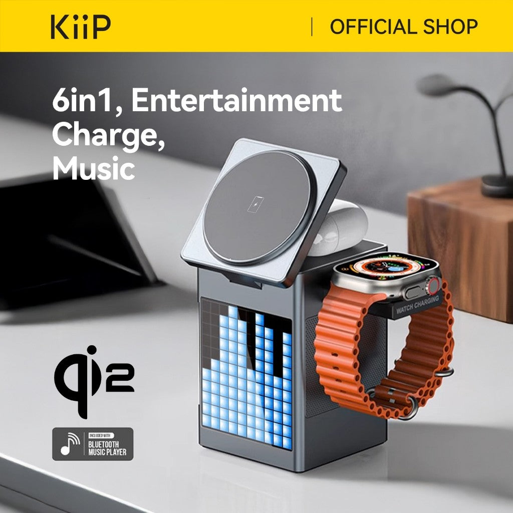 KiiP Wireless T3 6in1 Wireless Charging Station Fast Charging 15W Qi2 LED Speaker Portable