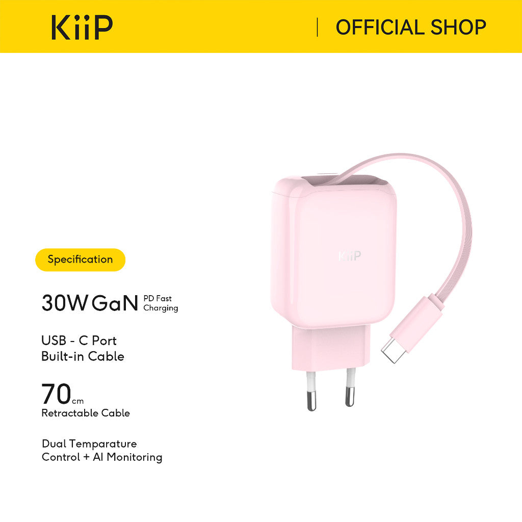 KiiP IB30 Ice Bright GaN Charger Adaptor Retractable PD 30W Fast Charging