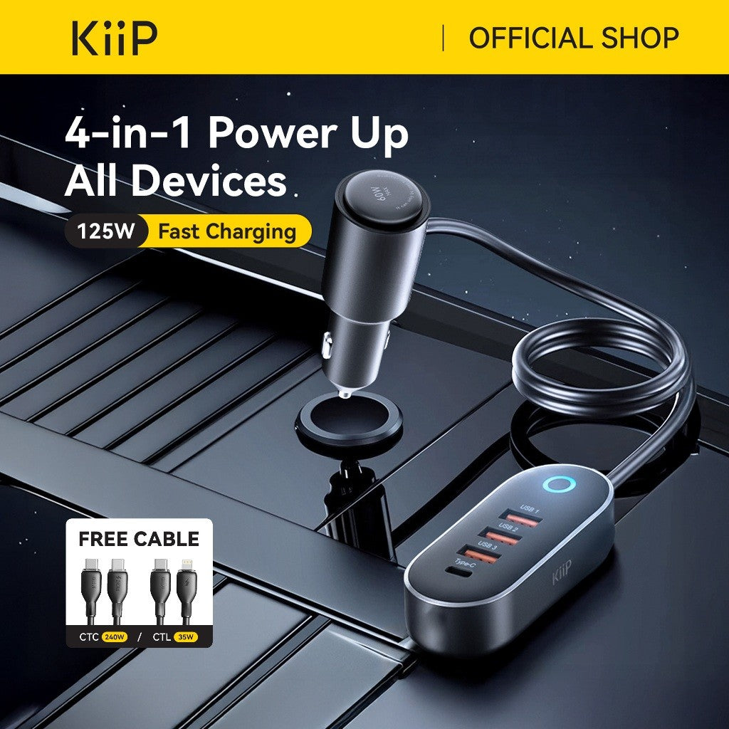 KiiP Car Charger Mobil 125W 4 Ports Type-C USB Fast Charging Adapter Smart Chip Dual Cooling System