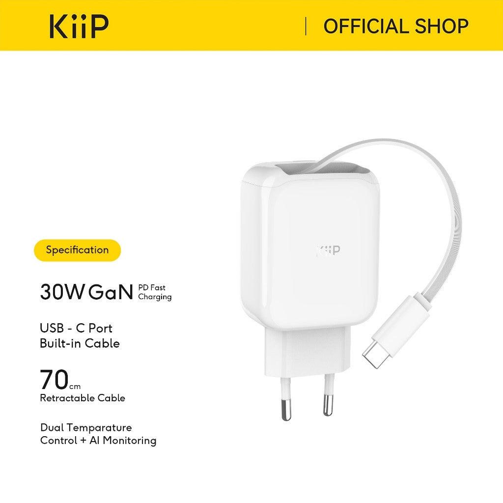 KiiP C30T Kepala Charger GaN PD Fast Charging 30W Retractable Built In Cable Type C