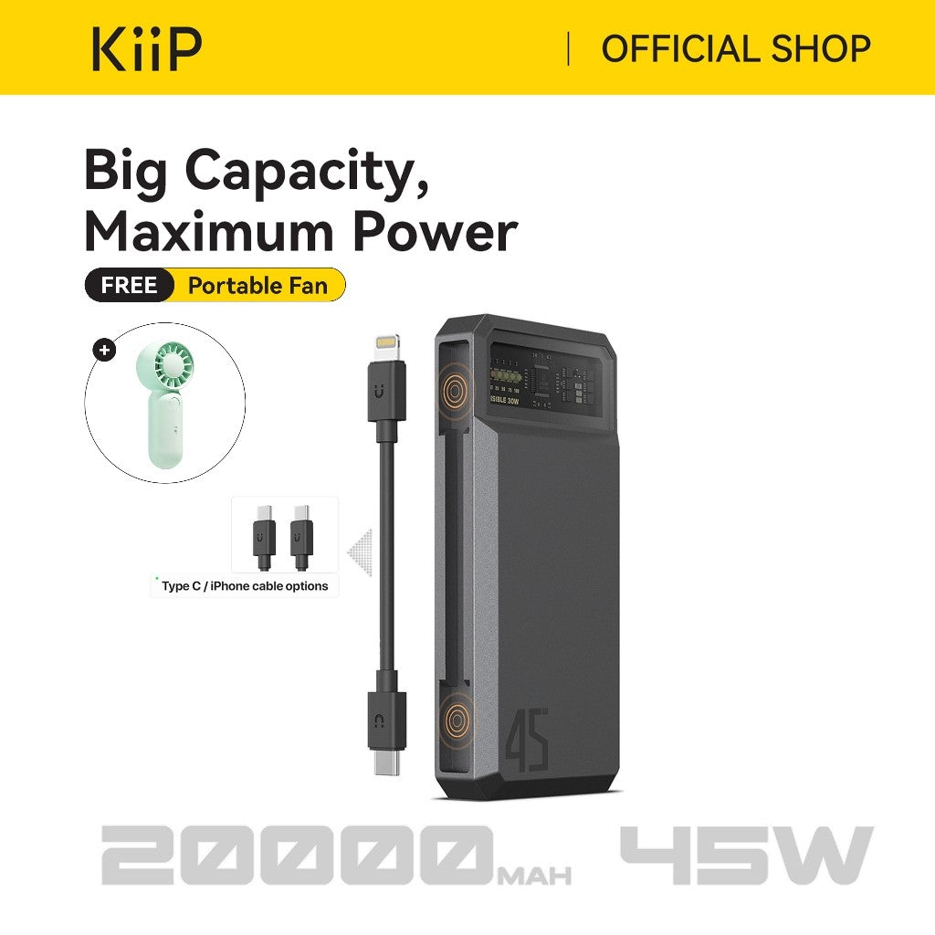 KiiP E59 Power Bank Magnetic Cable 45W Fast Charging TC PD Lightning 20000MAH