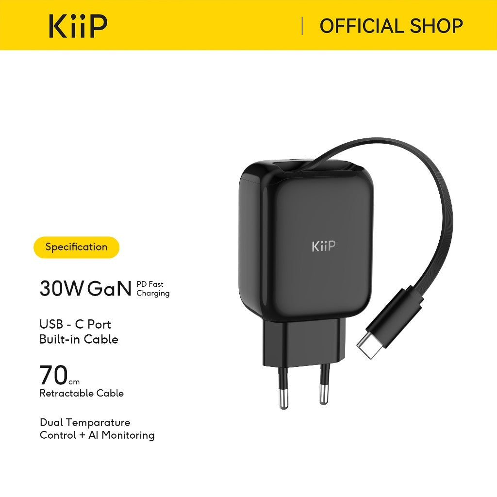 KiiP C30T Kepala Charger GaN PD Fast Charging 30W Retractable Built In Cable Type C