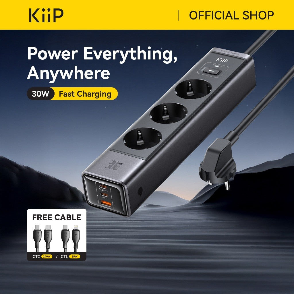 KiiP C29T Smart Power Strip GaN 30W 6in1 Charger Stop Kontak Surge Protection Multiple Socket PPS PD QC