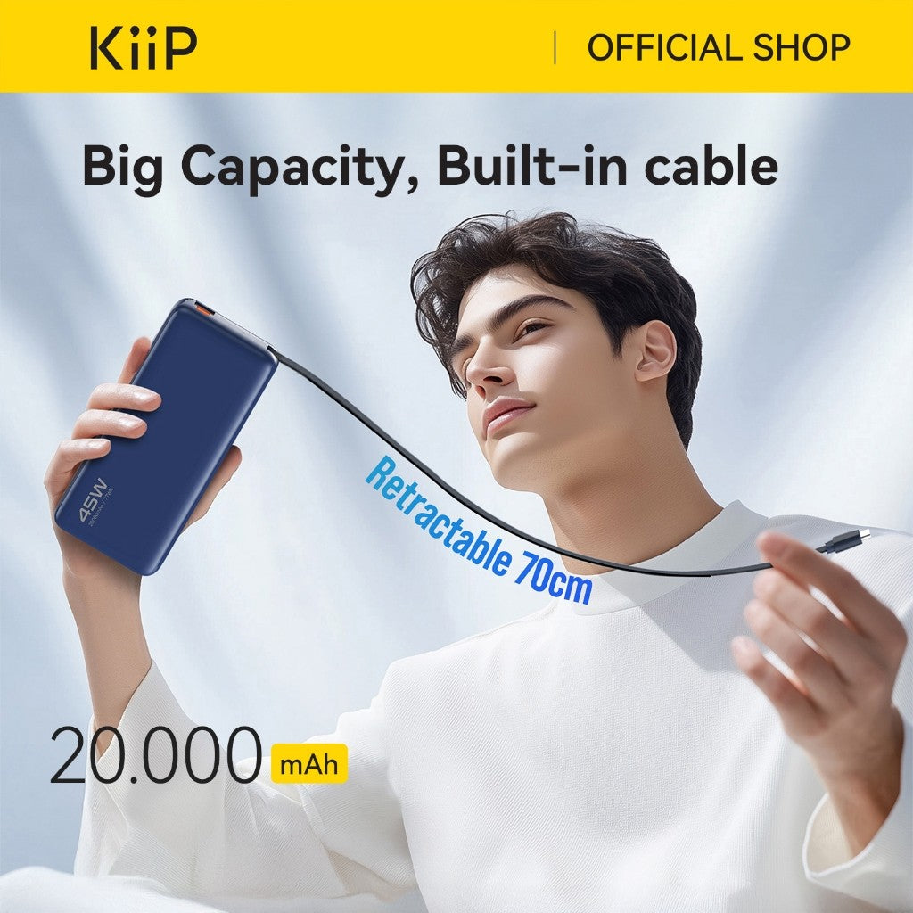 KiiP E66 PowerBank Retractable Cable 20000mAh PD QC PPS Fast Charging 45W